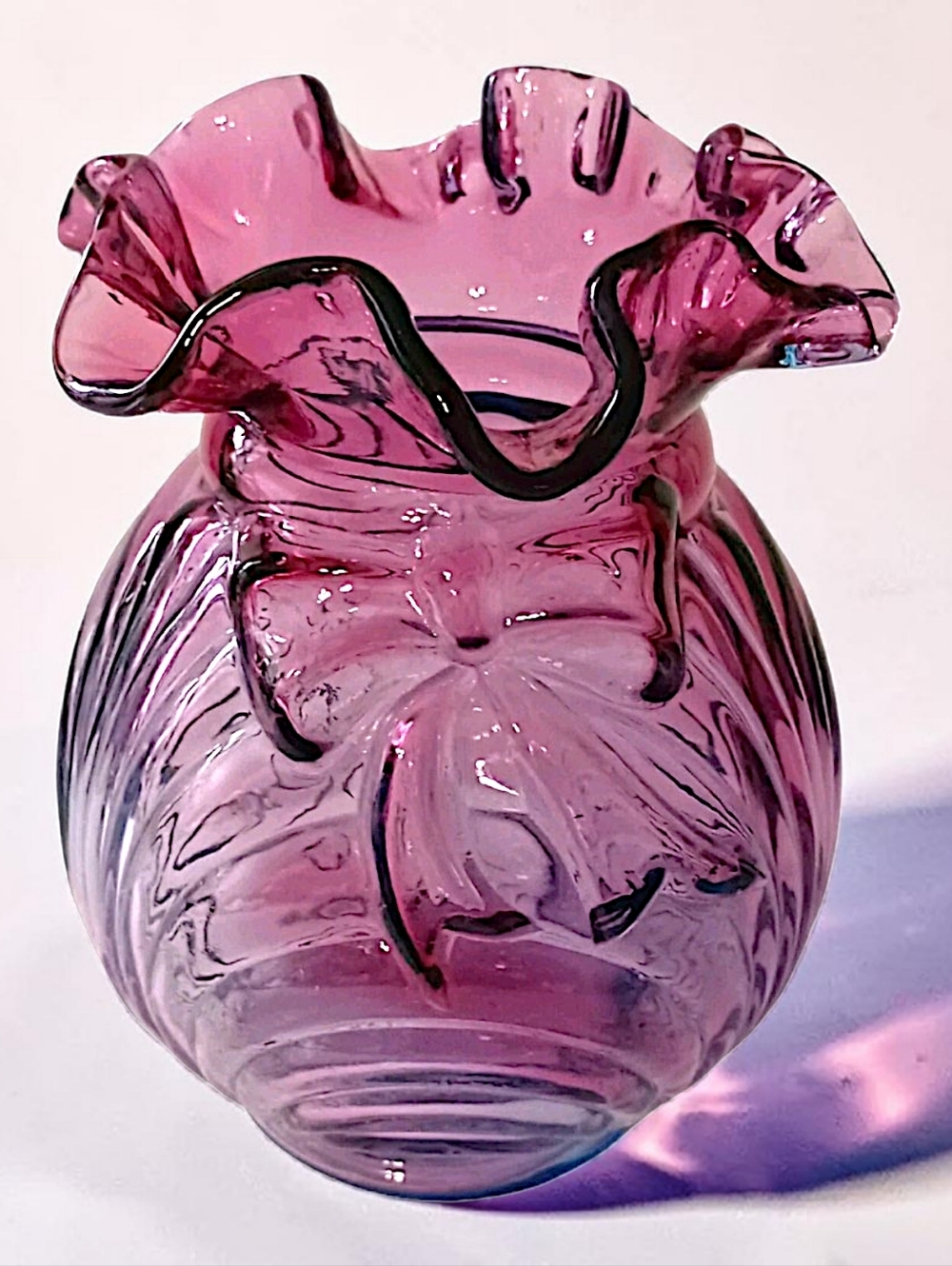 Fenton Glass Mulberry Caprice Vase Blue Drape Bowtie Ruffled Edge Fade Ombre